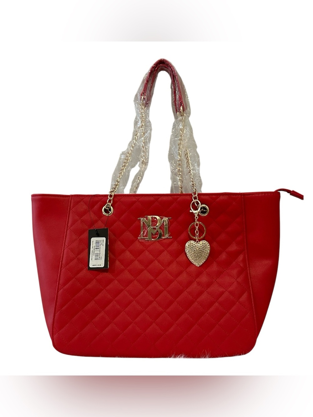 Badgley Mischka Red Quilted Tote Vegan Leather Gold Chain Strap Bag NWT